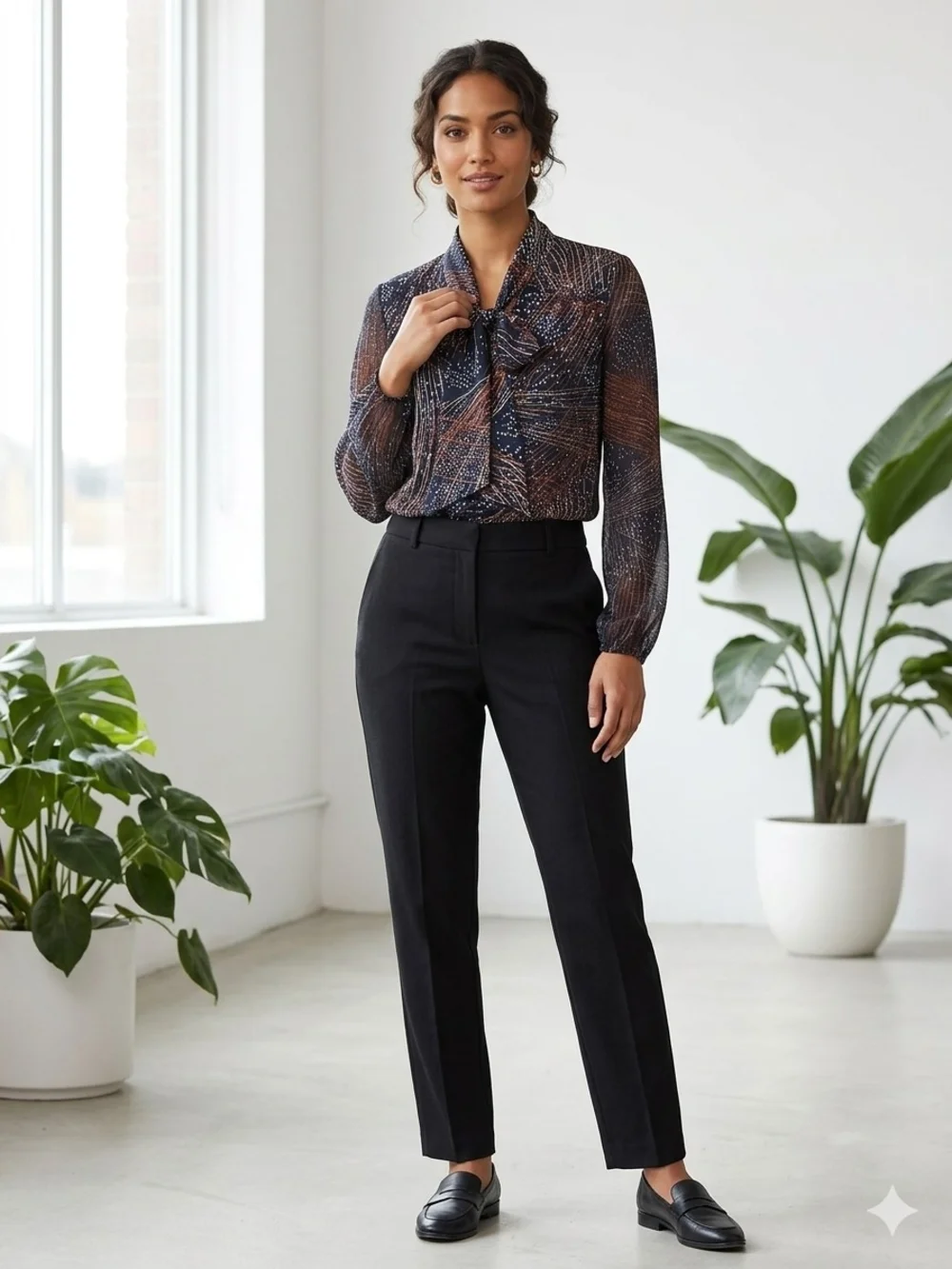 Sheer Tie-Neck Lightweight Polyester Blouse In Navy &Rust Abstract Print. WS